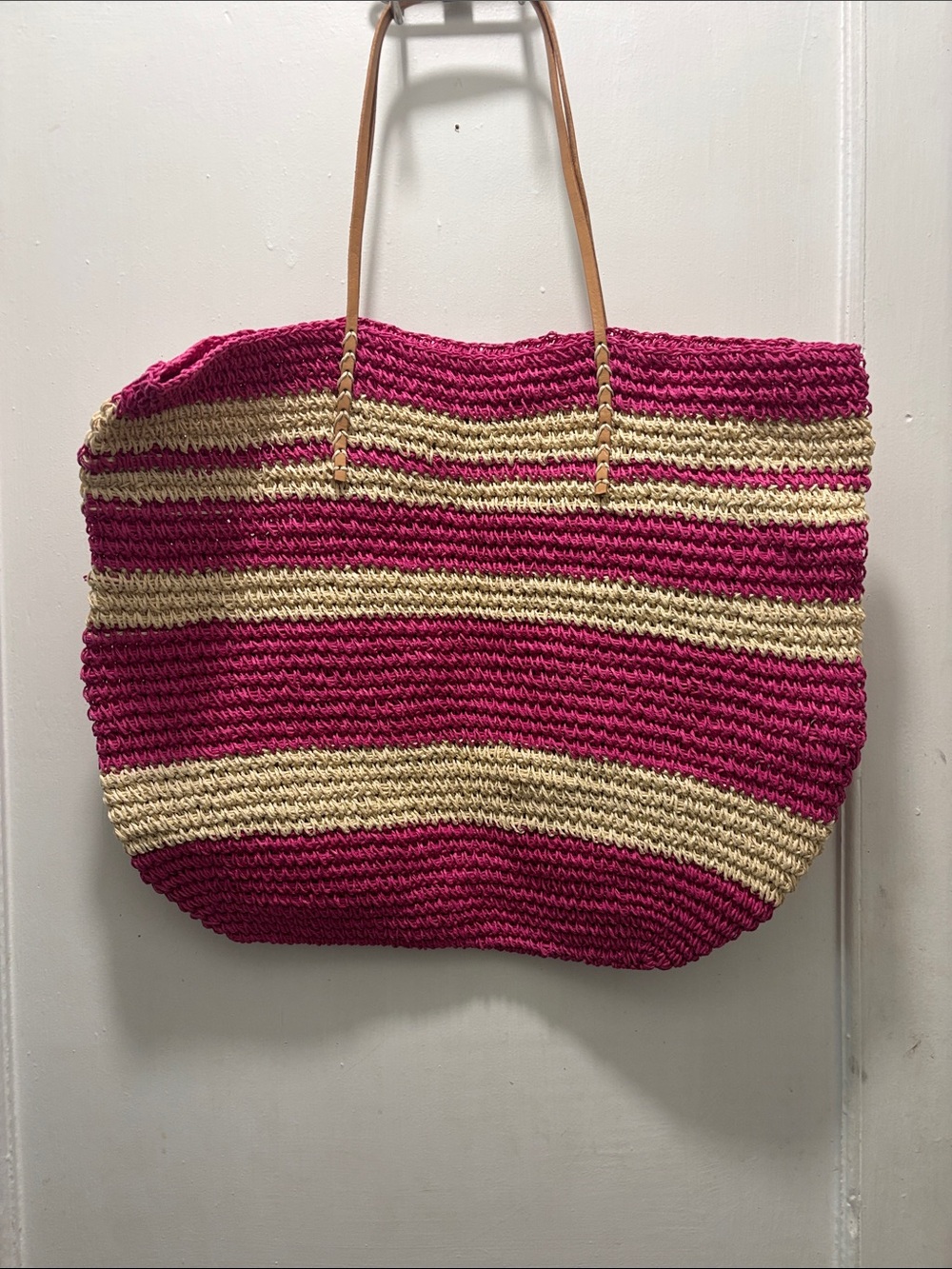 Merona Pink and Cream Striped Straw Tote